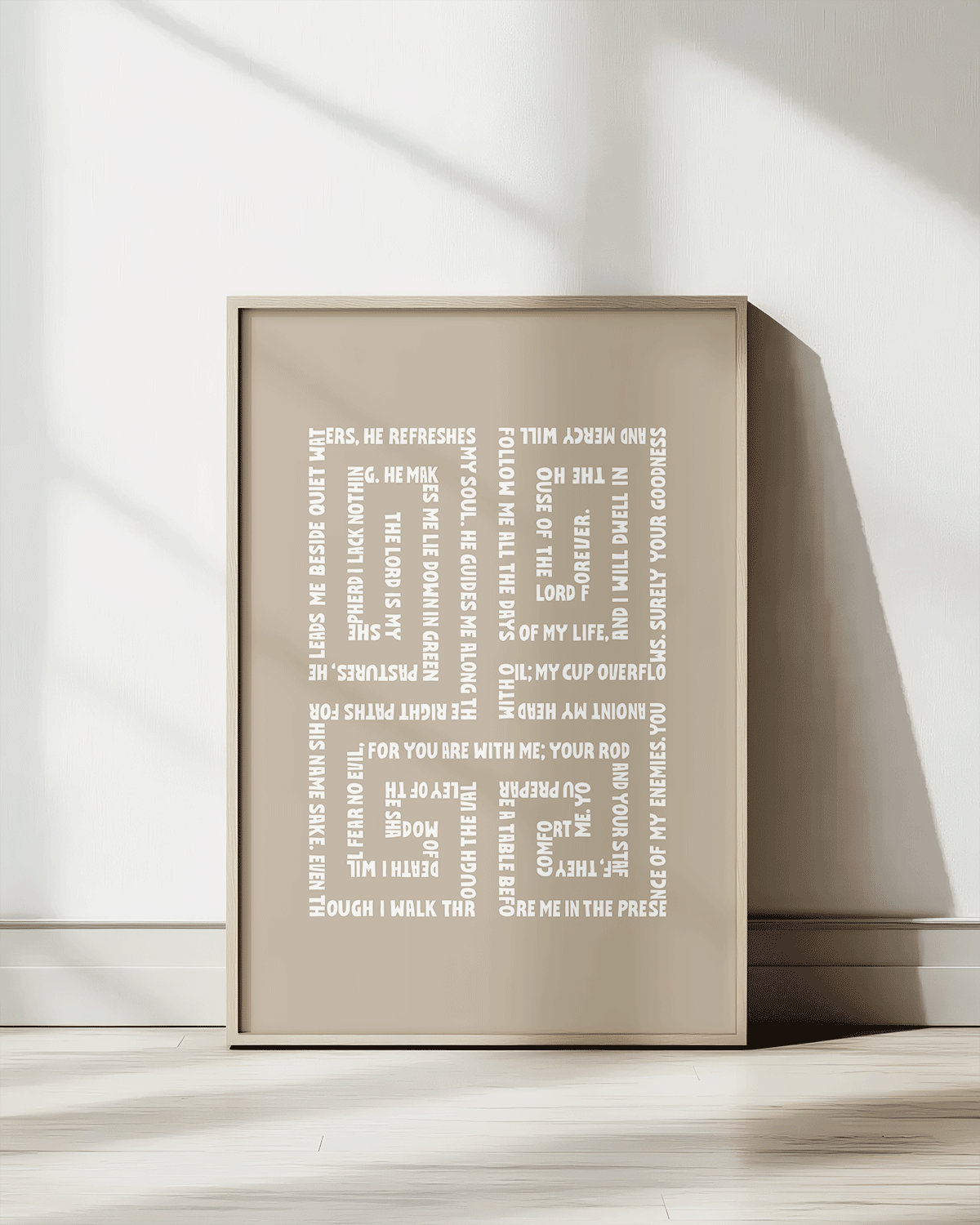 psalm 23 almond Bold modern typographic Bible verse print framed mockup hoolyprints