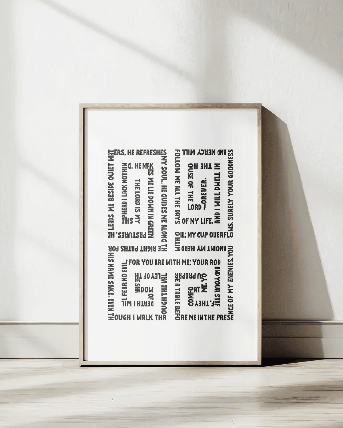 psalm 23 black white Bold modern typographic Bible verse print framed mockup hoolyprints