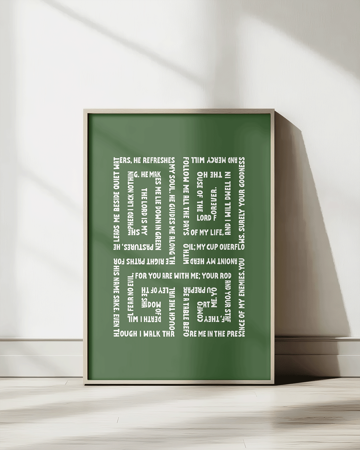 psalm 23 green Bold modern typographic Bible verse print framed mockup hoolyprints