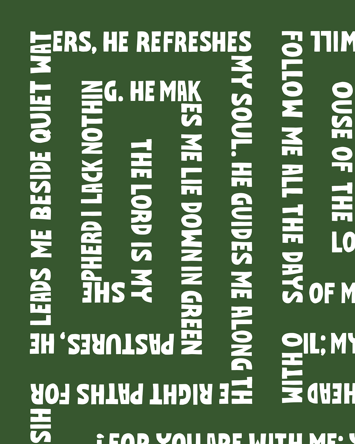 psalm 23 green Bold modern typographic Bible verse handwritten detail hoolyprints