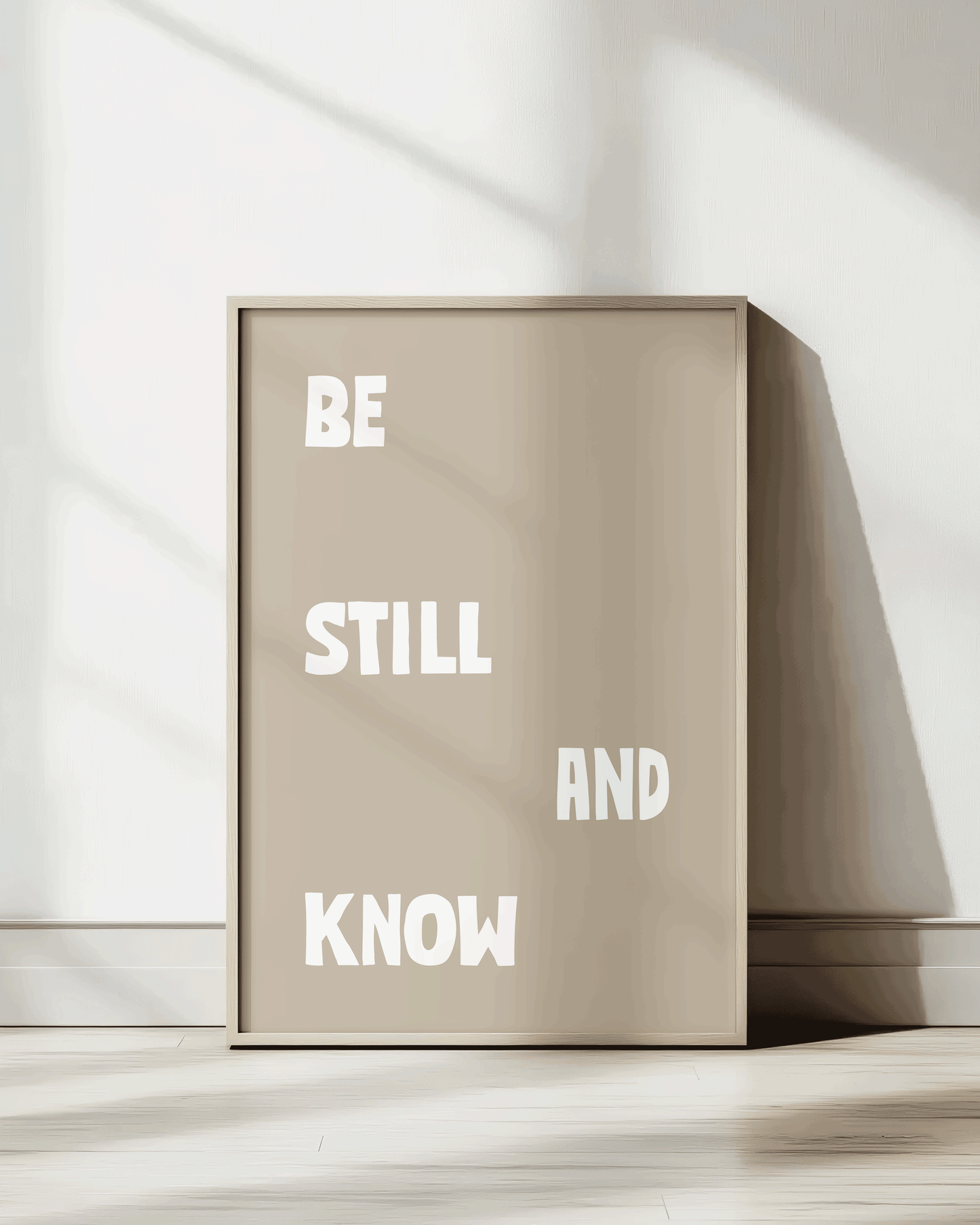 be still and know almond Bold modern typographic Bible verse print framed mockup hoolyprints