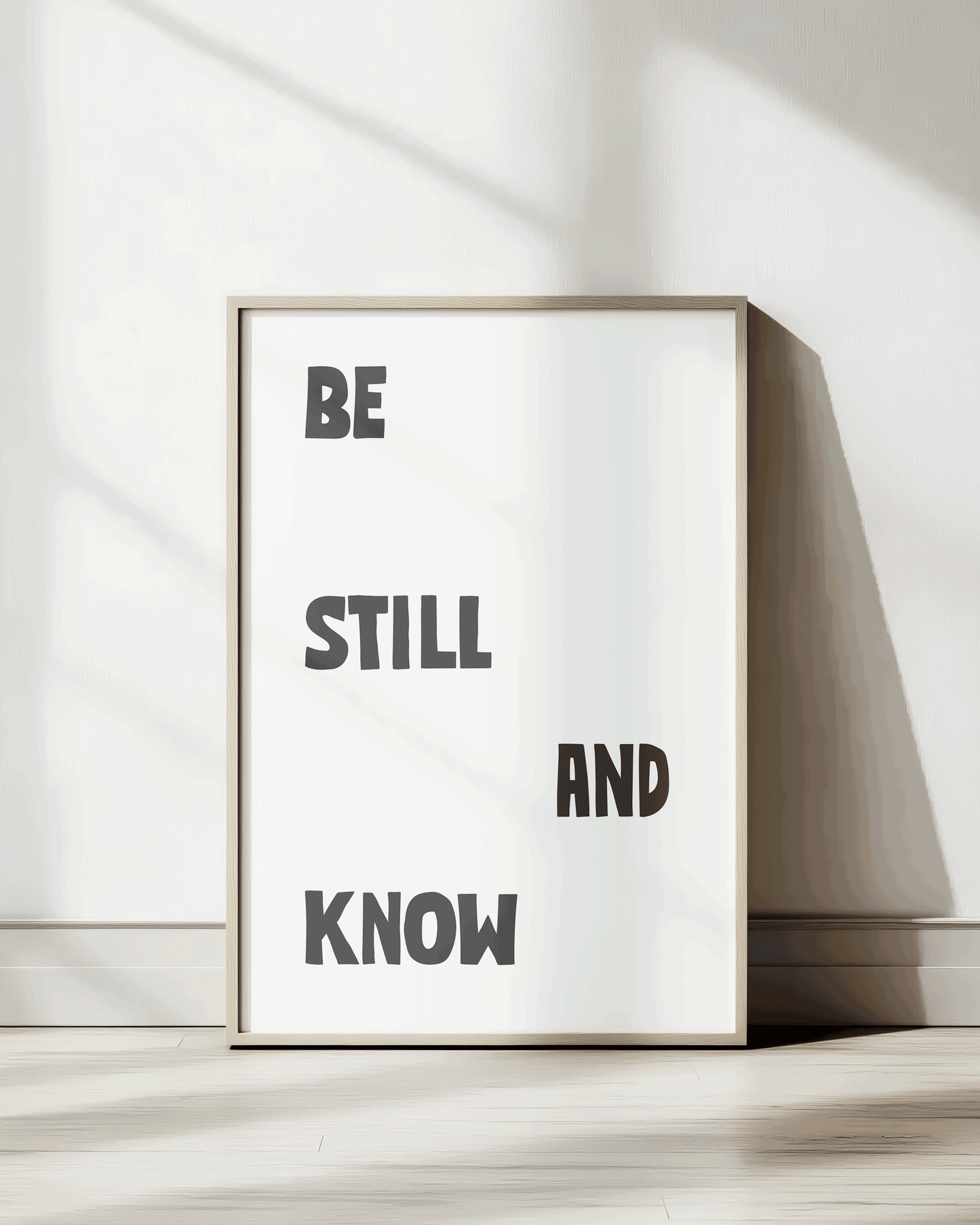 be still and know black Bold modern typographic Bible verse print framed mockup hoolyprints