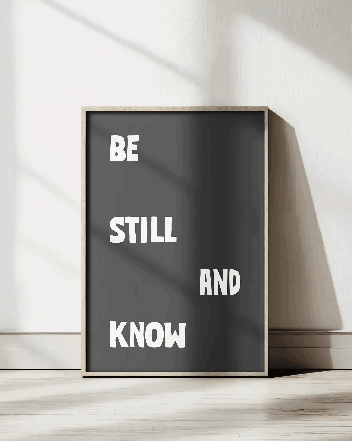 be still and know black Bold modern typographic Bible verse print framed mockup hoolyprints