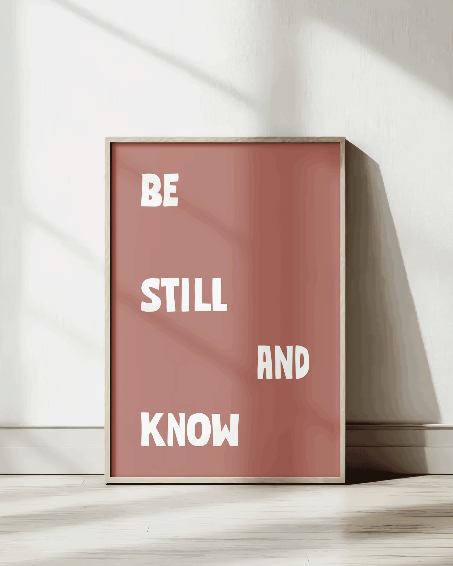 be still and know red-brown Bold modern typographic Bible verse print framed mockup hoolyprints