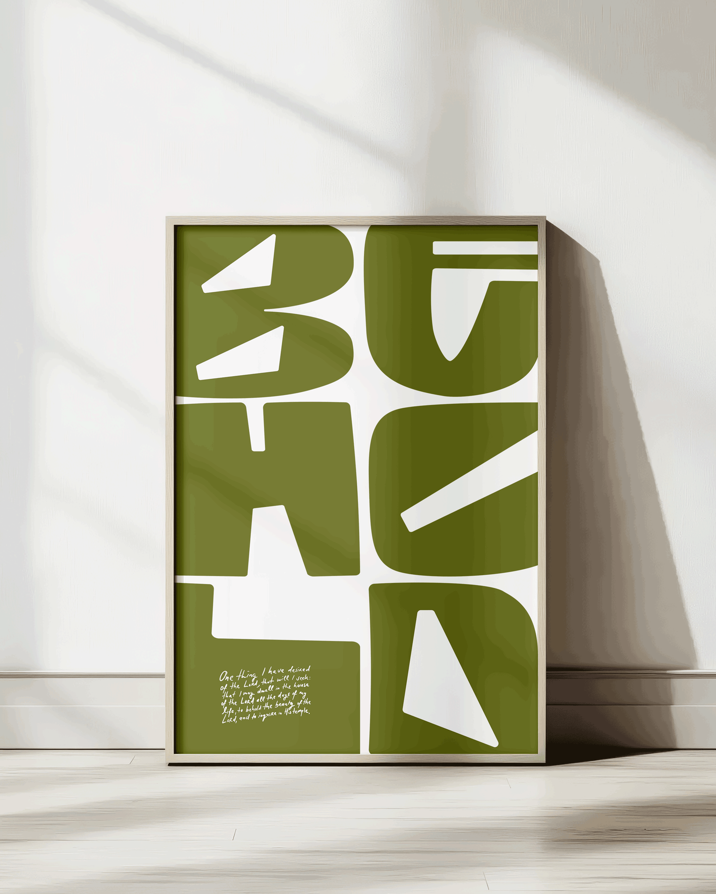 behold psalm 27:4 Bold modern typographic Bible verse wall decor art print framed mockup hoolyprints
