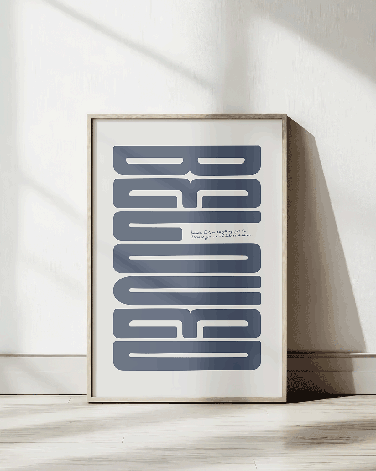beloved grayblue Bold modern typographic Bible verse print framed mockup hoolyprints