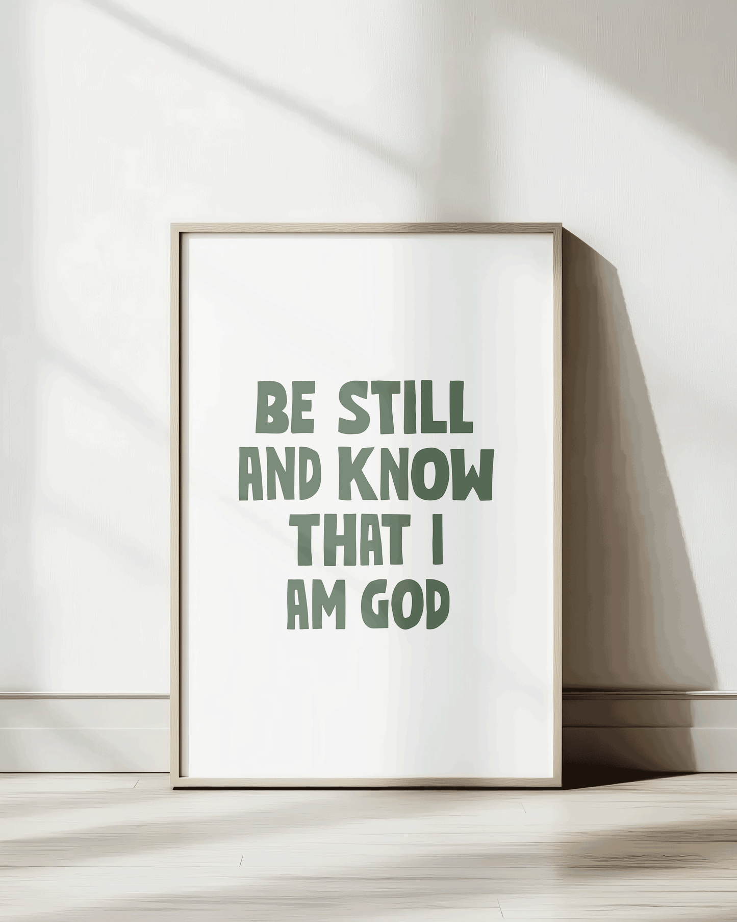 be still and know that i am god green Bold modern typographic Bible verse print framed mockup hoolyprints