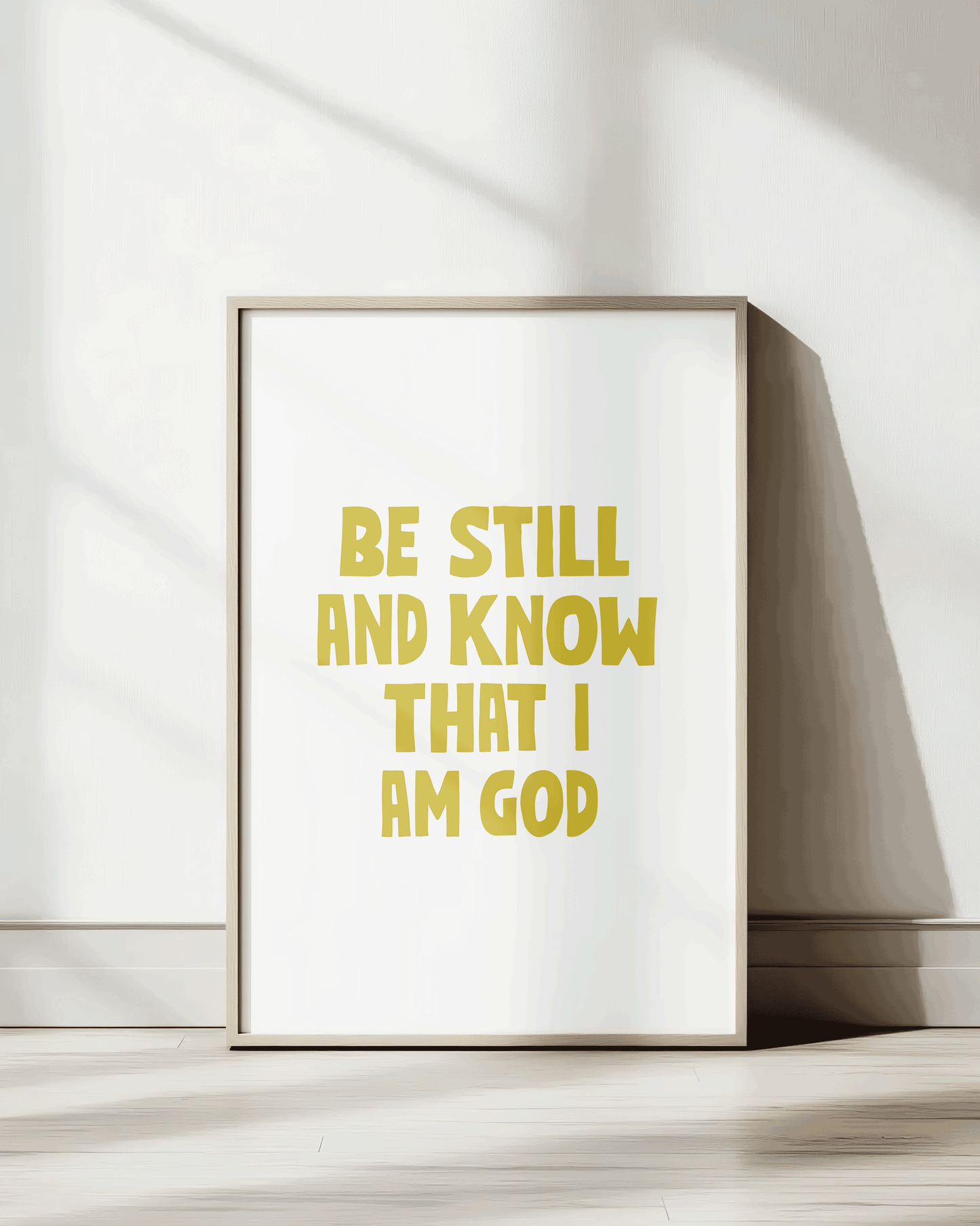 be still and know that i am god yellow Bold modern typographic Bible verse print framed mockup hoolyprints