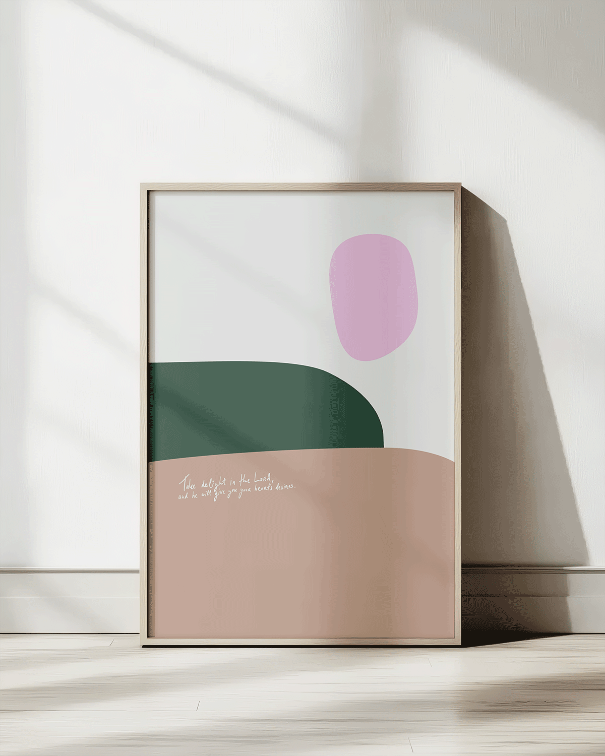 your hearts desires brown green pink Modern minimal abstract Bible verse print framed mockup hoolyprints