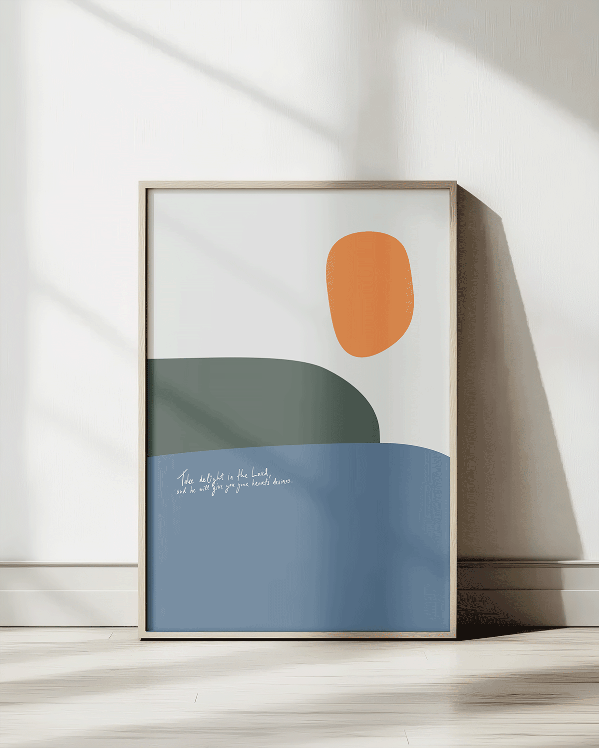 your hearts desires blue green orange Modern minimal abstract Bible verse print framed mockup hoolyprints