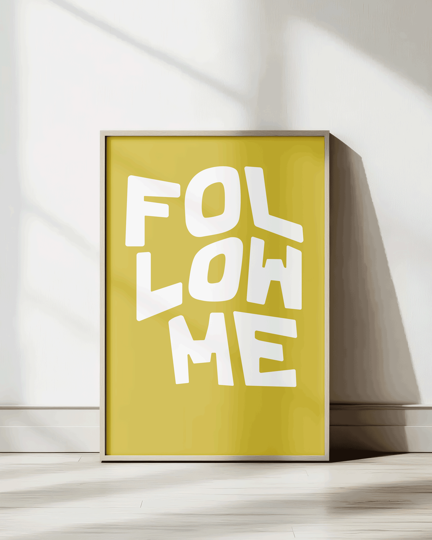 follow me jesus yellow white Bold modern typographic Bible verse print framed mockup hoolyprints