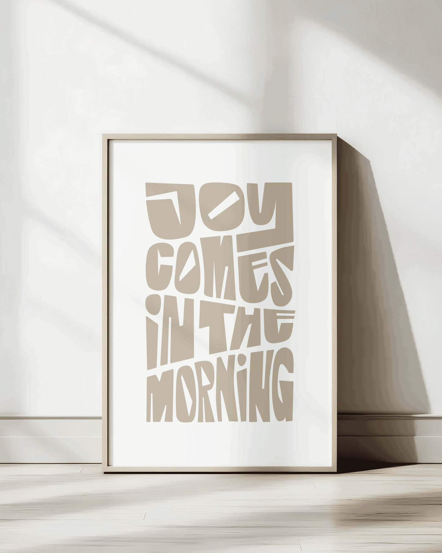 joy comes in the morning almond Bold modern typographic Bible verse wall decor art print framed mockup hoolyprints
