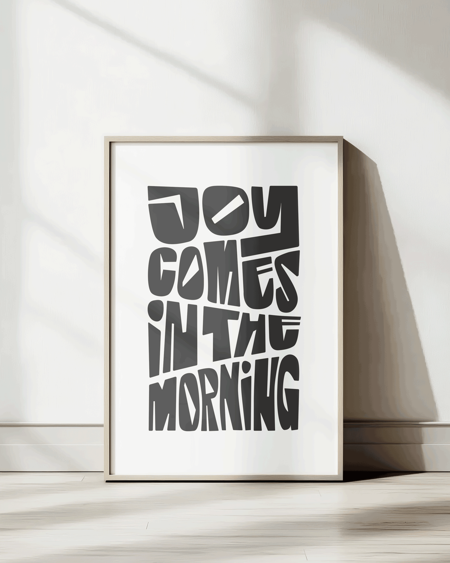 joy comes in the morning black Bold modern typographic Bible verse wall decor art print framed mockup hoolyprints