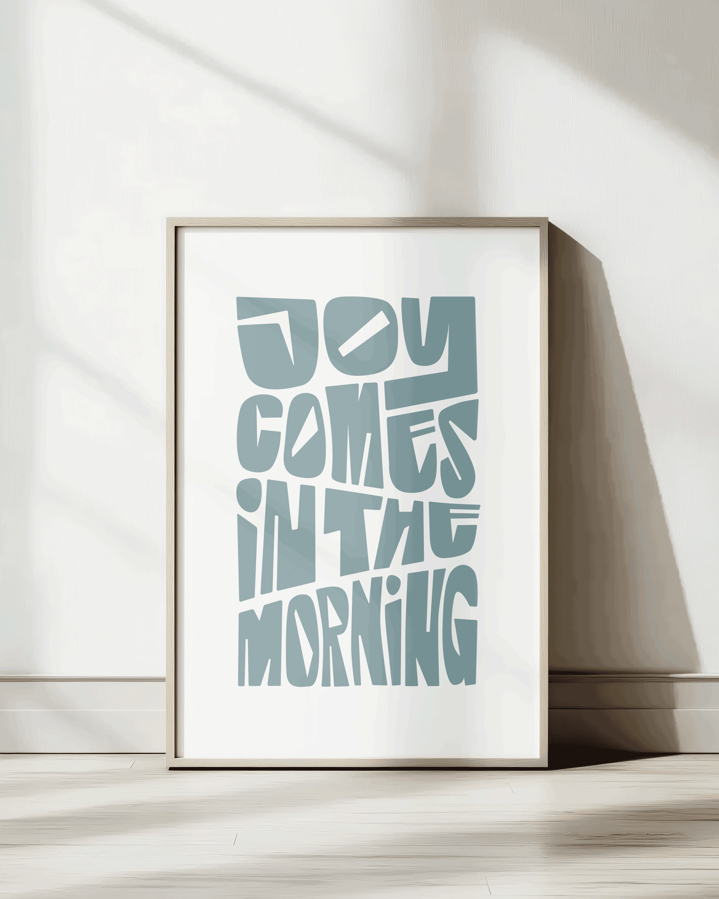joy comes in the morning turquoise Bold modern typographic Bible verse wall decor art print framed mockup hoolyprints