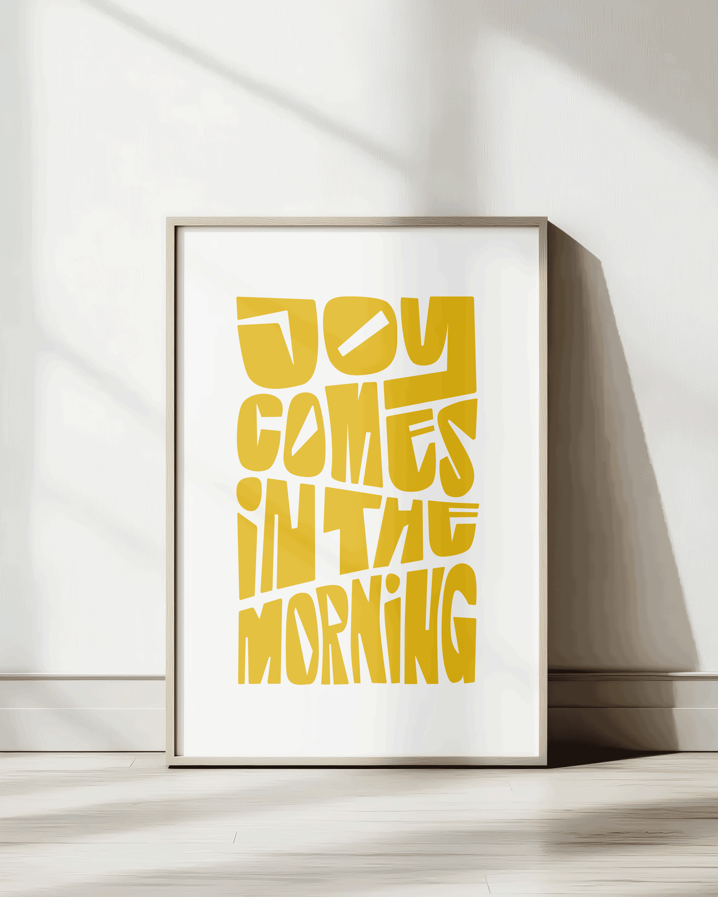 joy comes in the morning yellow Bold modern typographic Bible verse wall decor art print framed mockup hoolyprints
