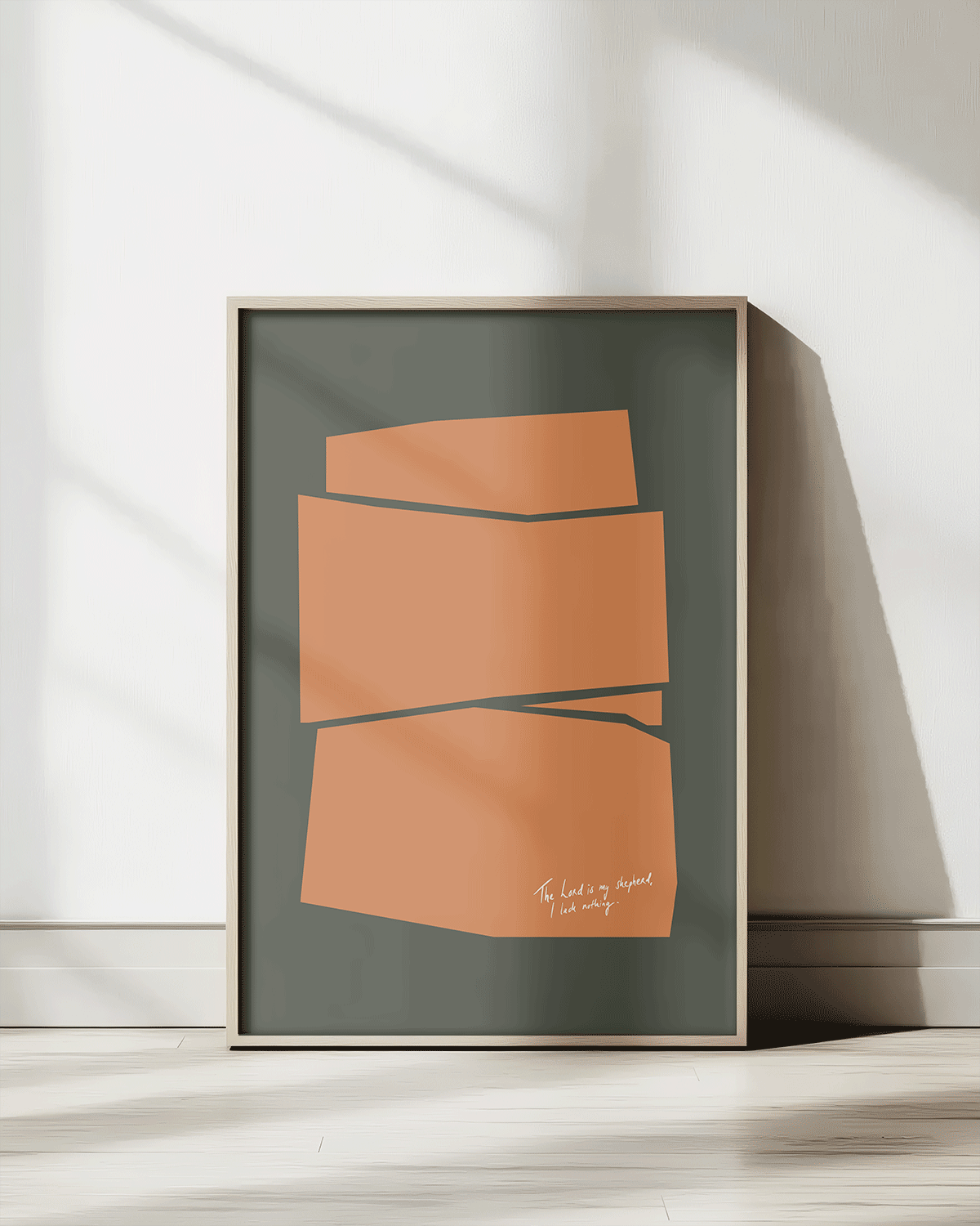 Shepherd I lack nothing green orange Modern minimal abstract Bible verse print framed mockup