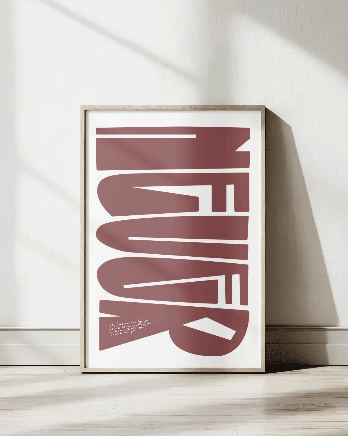 deut 31:8 redbrown Bold modern typographic Bible verse print framed mockup hoolyprints