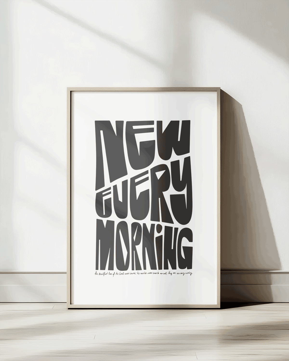 new every morning black Bold modern typographic Bible verse print framed mockup hoolyprints