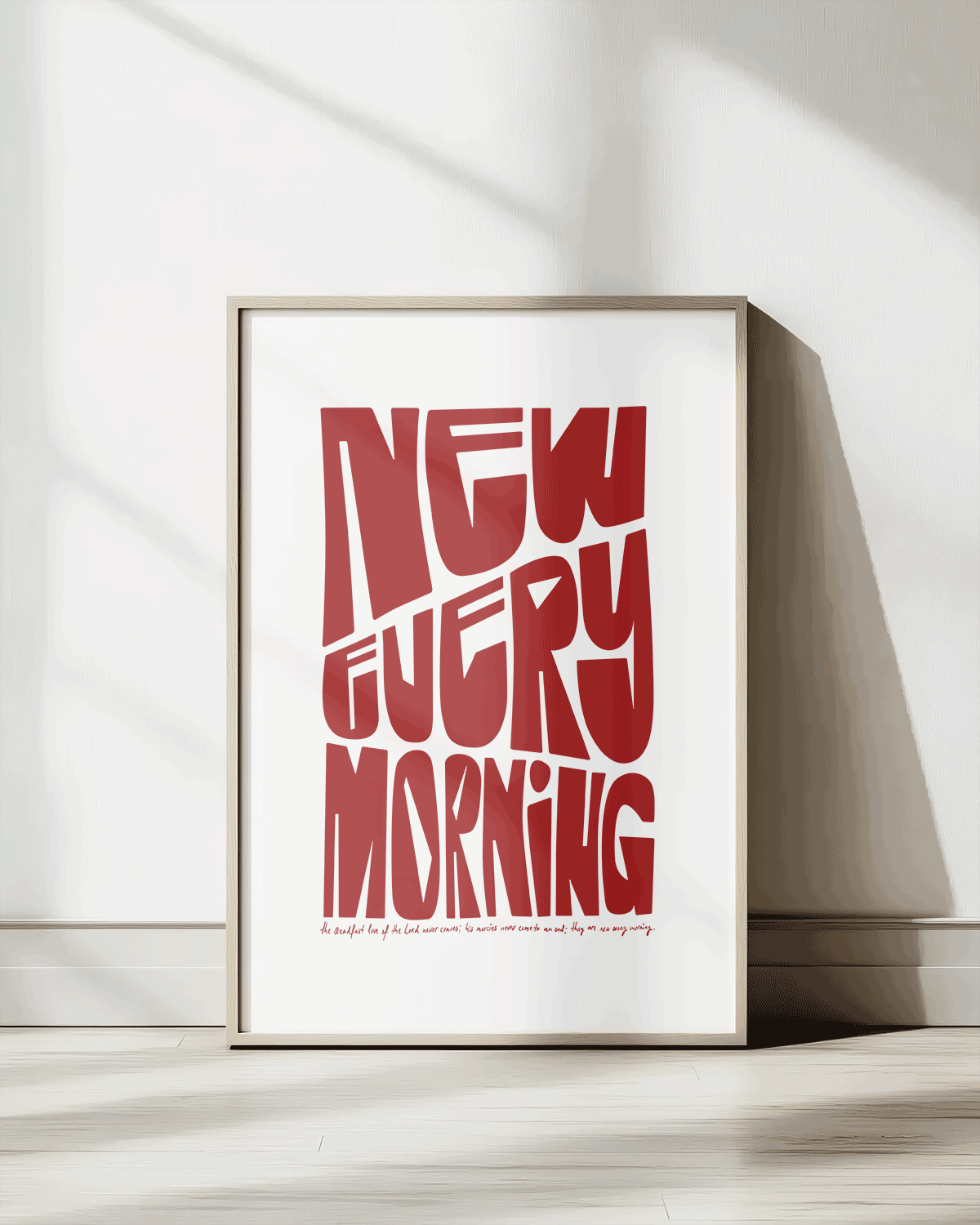 new every morning red Bold modern typographic Bible verse print framed mockup hoolyprints