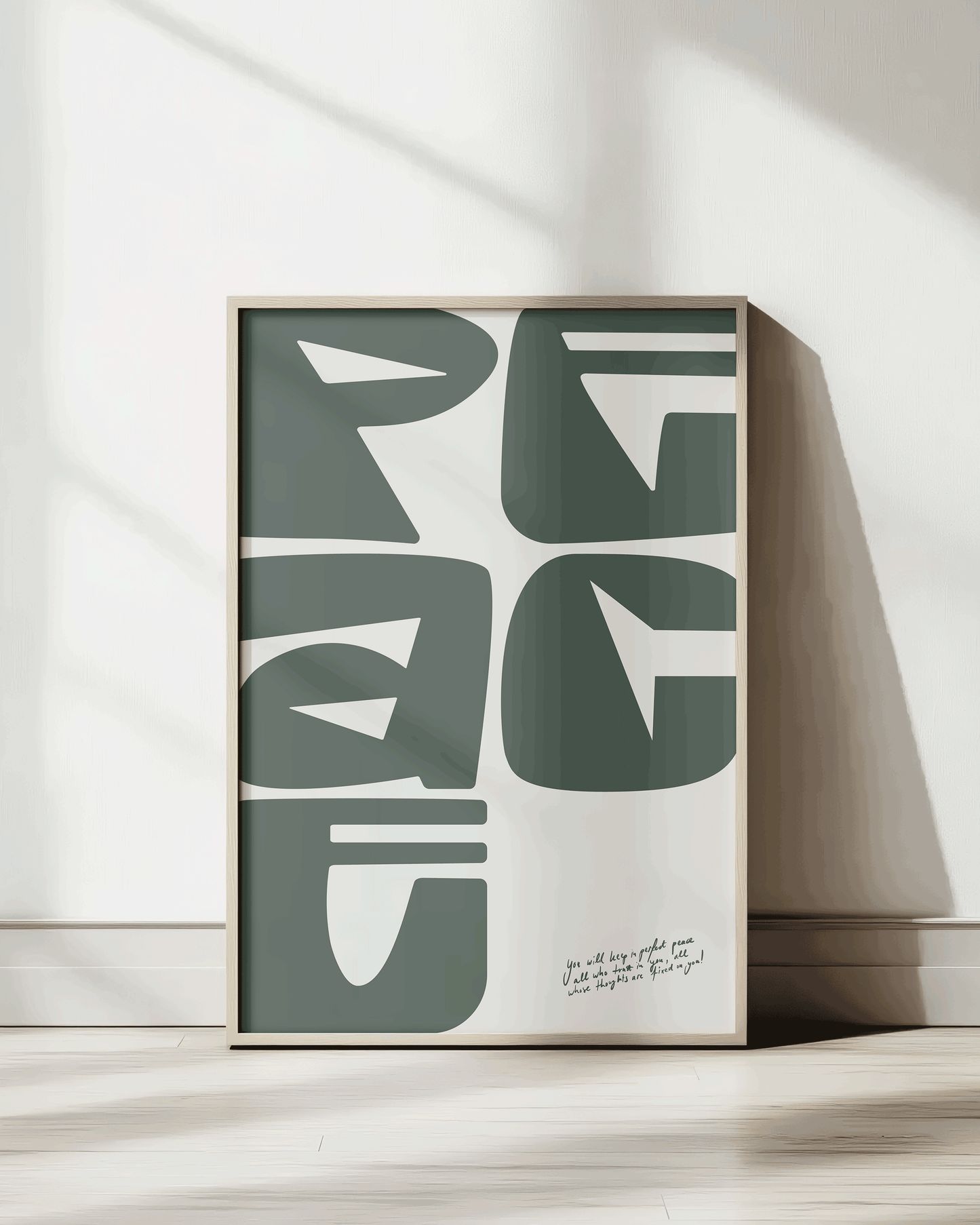 perfect peace green Bold modern typographic Bible verse wall decor art print framed mockup hoolyprints