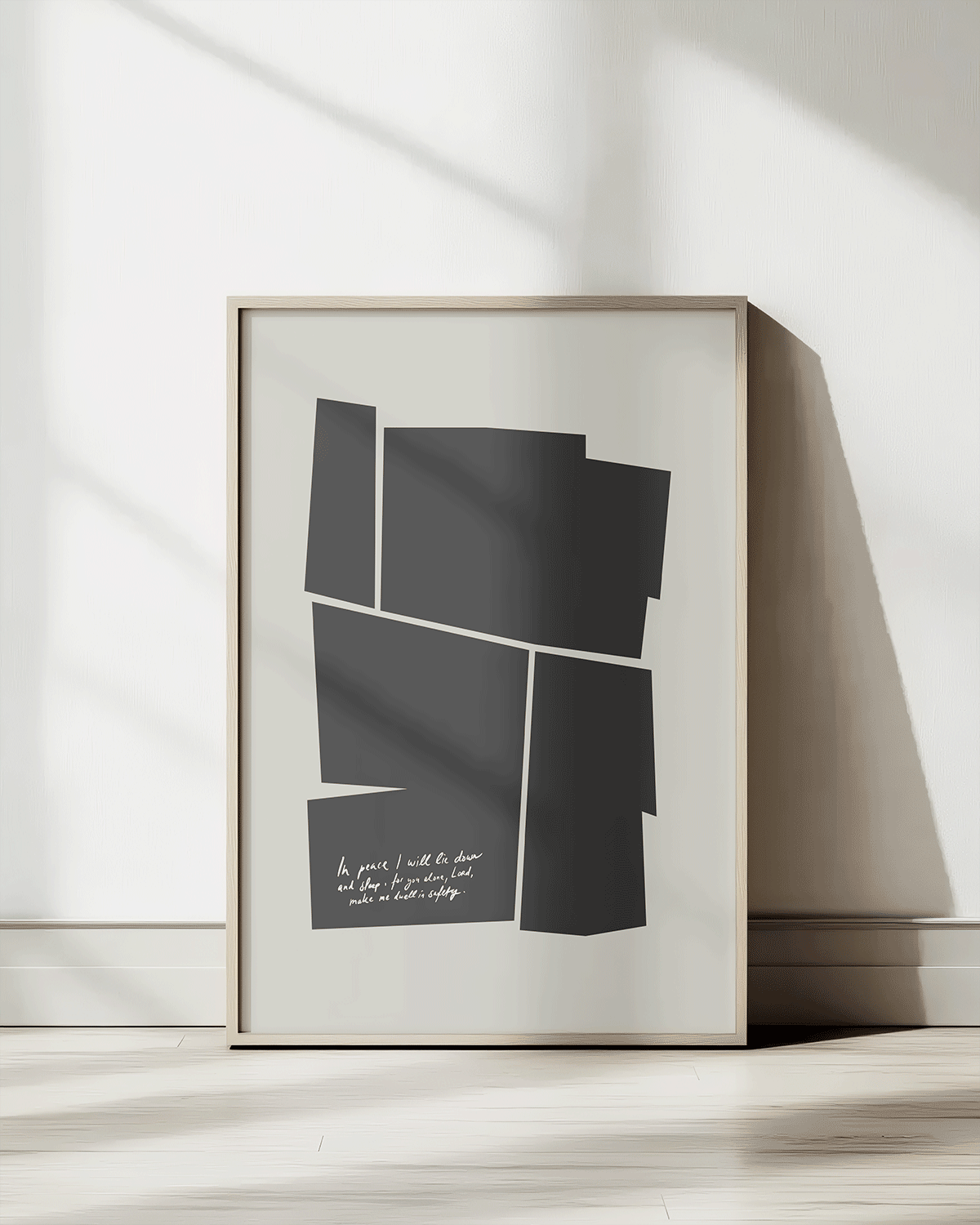 in peace i will lie down and sleep black Modern minimal abstract Bible verse print framed mockup
