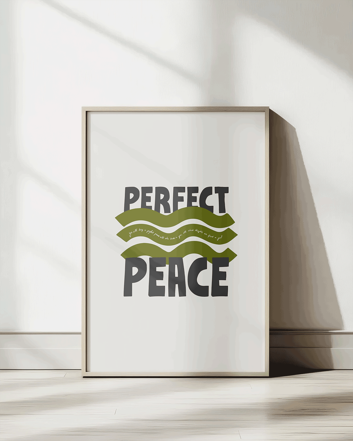 perfect peace black green Bold modern typographic Bible verse print framed mockup hoolyprints