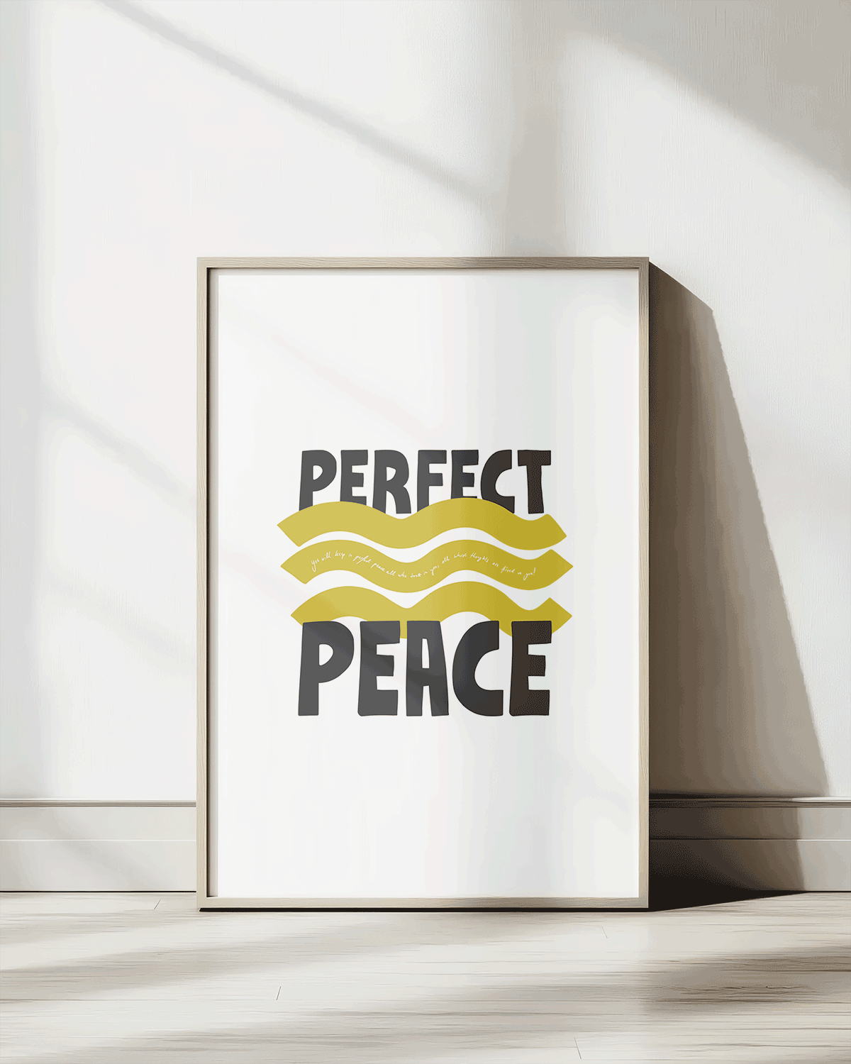 perfect peace yellow black Bold modern typographic Bible verse print framed mockup hoolyprints