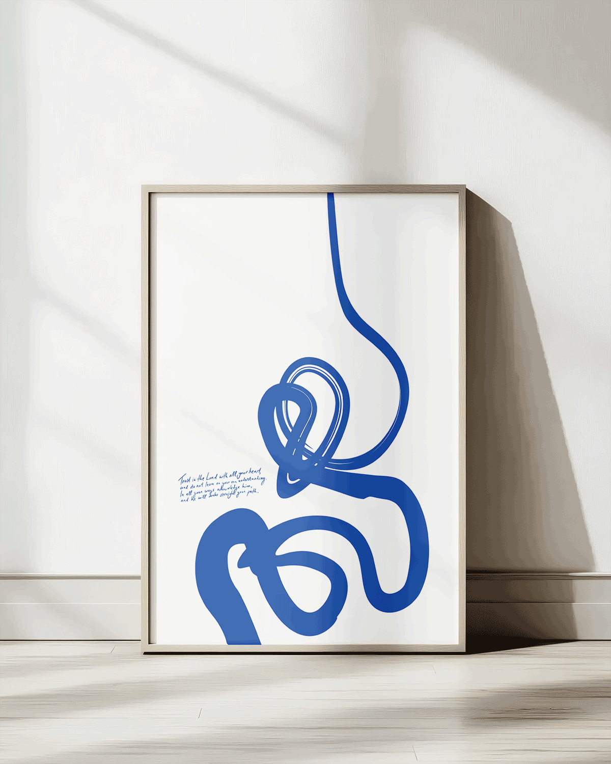 Proverbs 3: 5-6, Modern Abstract Art Print with Bilbe verse in blue hoolyprints