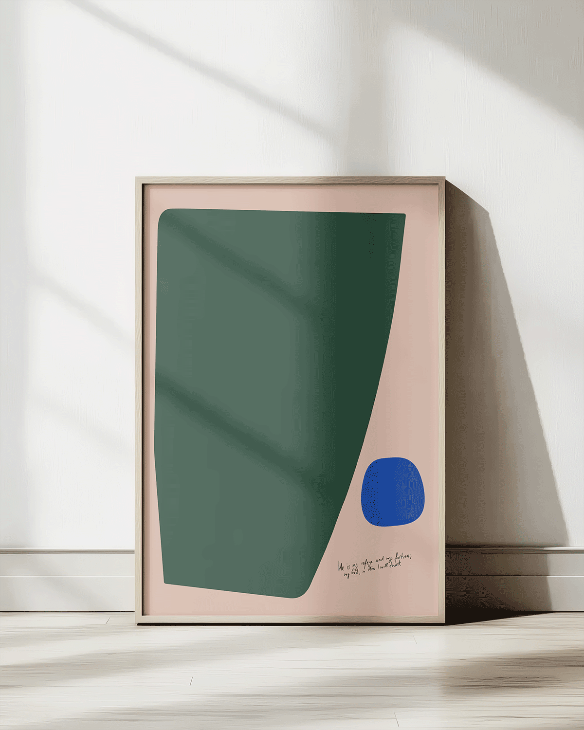 my refuge and fortress green blue pink Modern minimal abstract Bible verse print framed mockup