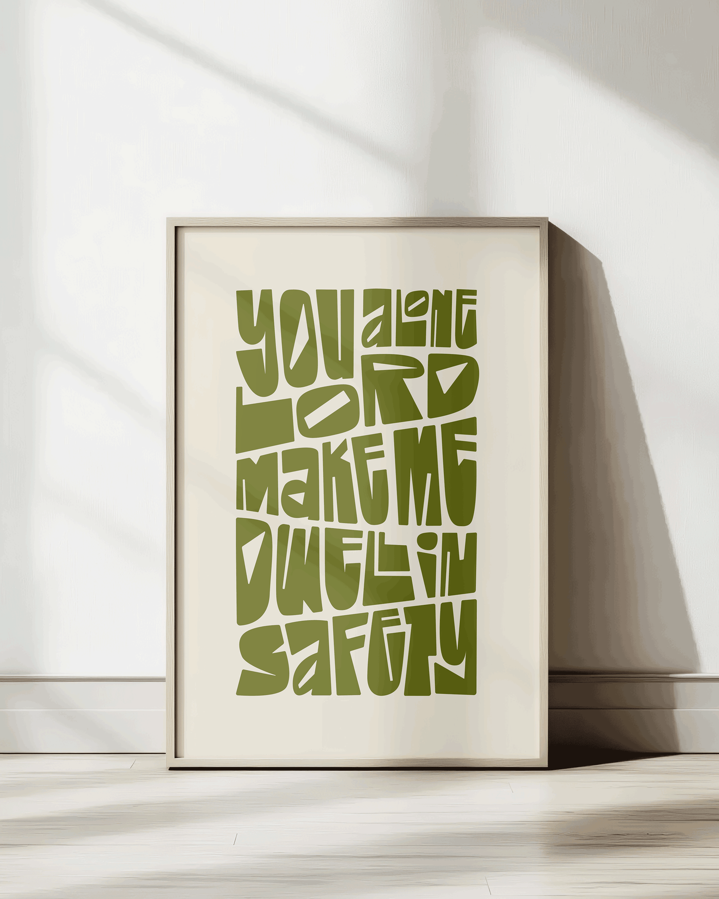 you alone lord make me dwell in safety green wall decor Bold modern typographic Bible verse wall decor art print framed mockup hoolyprints