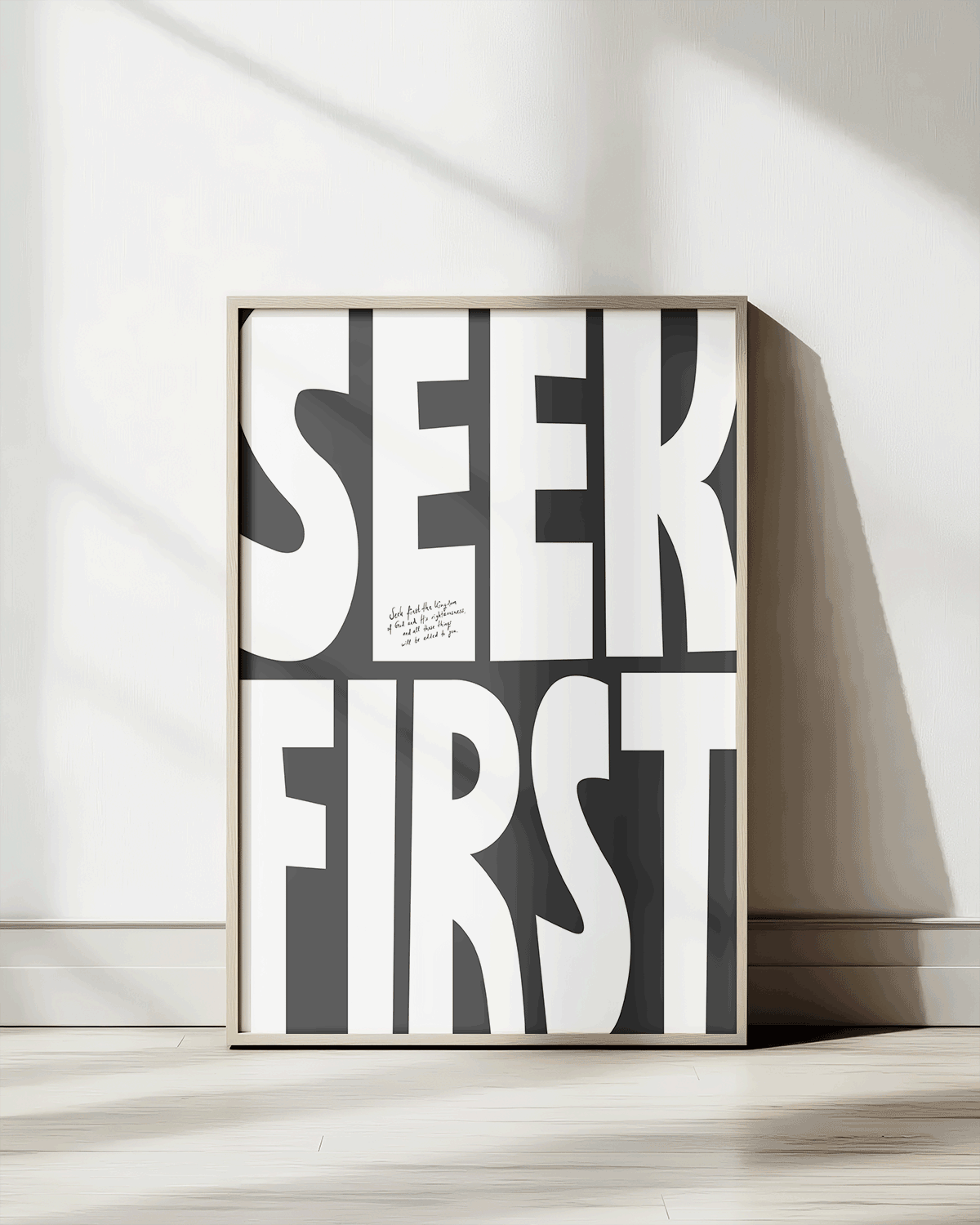 seek first black white Bold modern typographic Bible verse print framed mockup hoolyprints