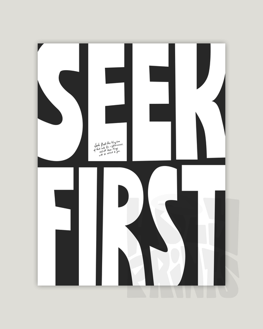 seek first black white Bold modern typographic Bible verse example print inches hoolyprints