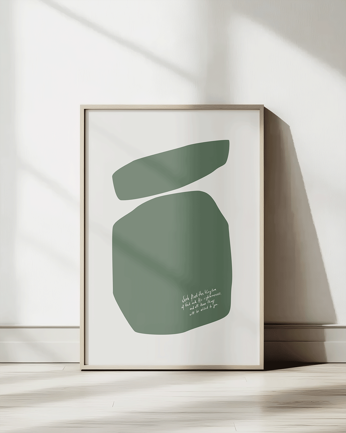 seek first the kingdom of god green Modern minimal abstract Bible verse print framed mockup