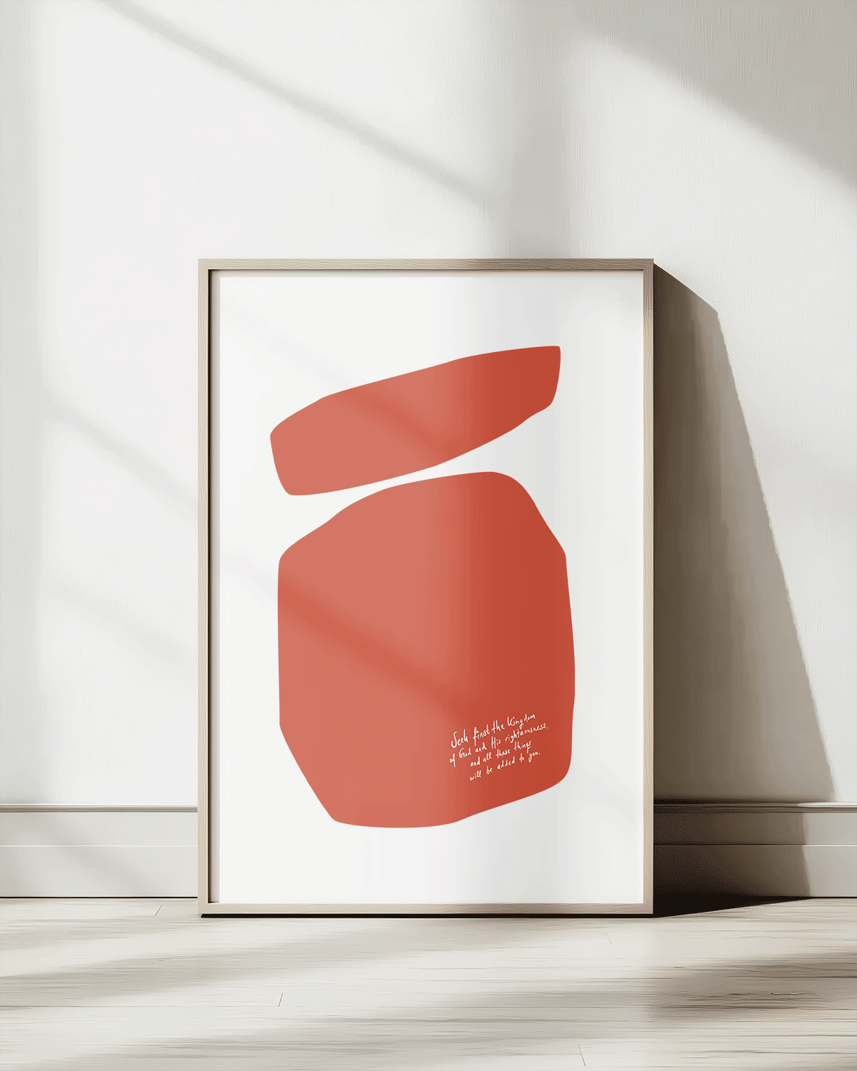 seek first the kingdom orange Modern minimal abstract Bible verse print framed mockup