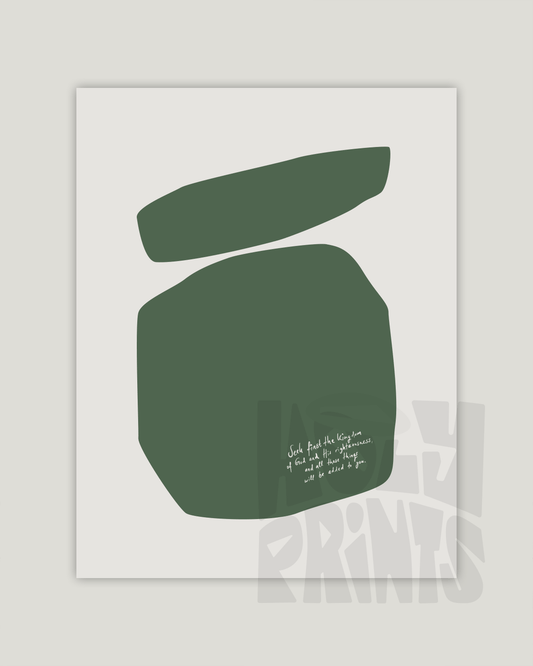 seek first the kingdom of god green Modern minimal abstract Bible verse example print inches