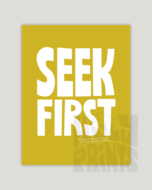 seek first the kingdom yellow white Bold modern typographic Bible verse example print inches hoolyprints