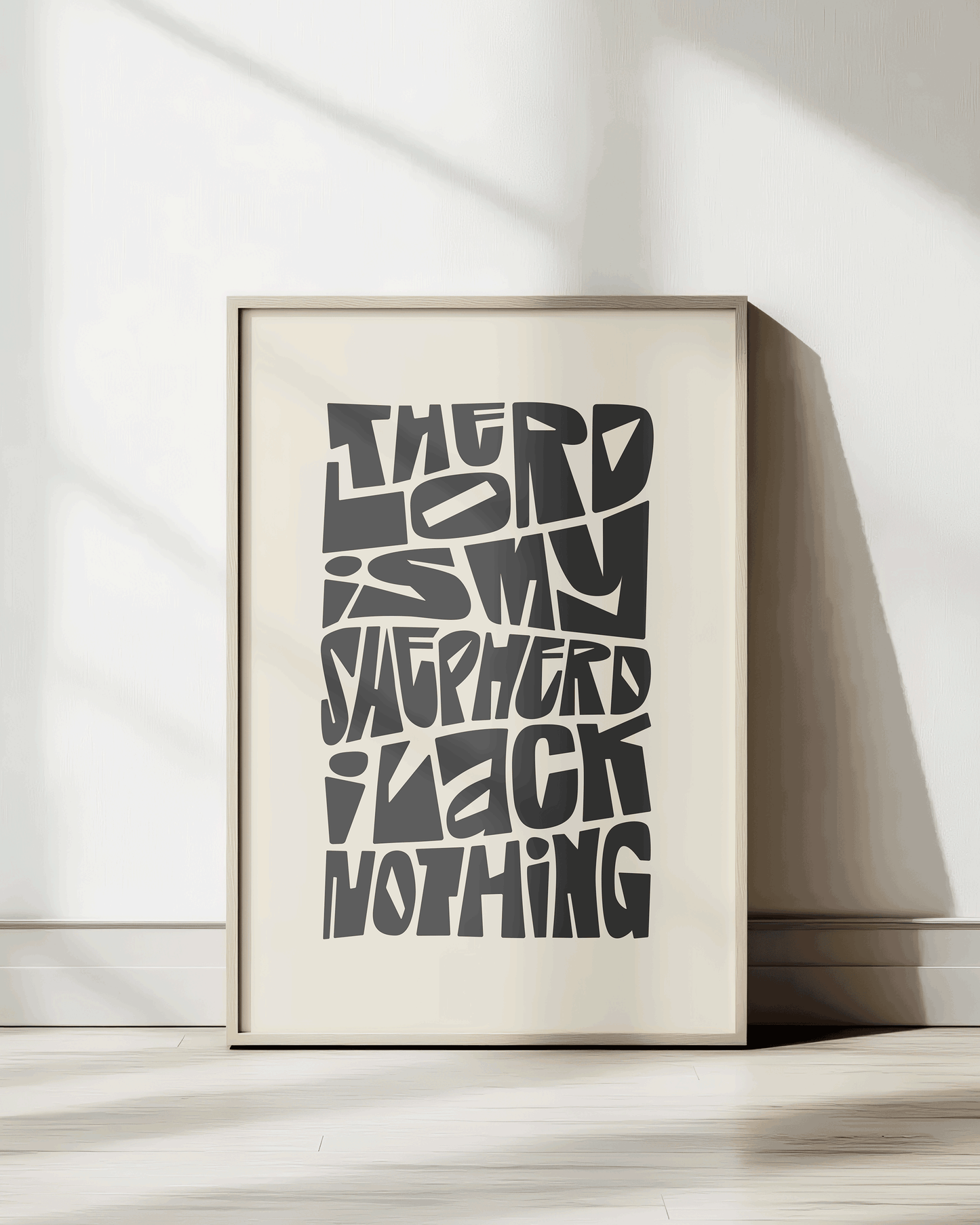 the lord is my shepherd i lack nothing black beige Bold modern typographic Bible verse wall decor art print framed mockup hoolyprints