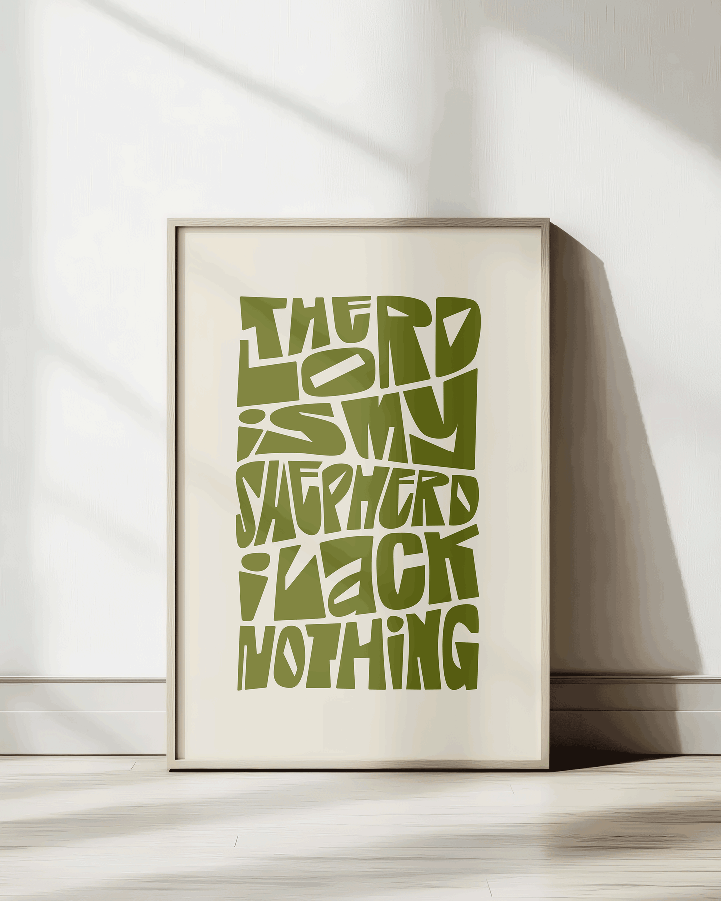 the lord is my shepherd i lack nothing green psalm 23 Bold modern typographic Bible verse wall decor art print framed mockup hoolyprints