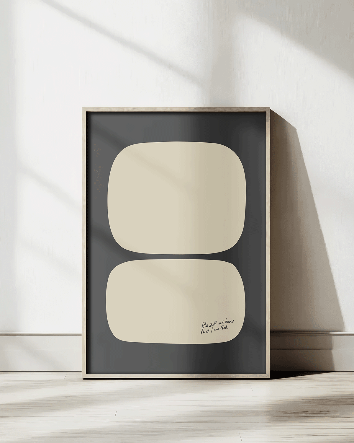 be still and know that i am god beige black Modern minimal abstract Bible verse print framed mockup