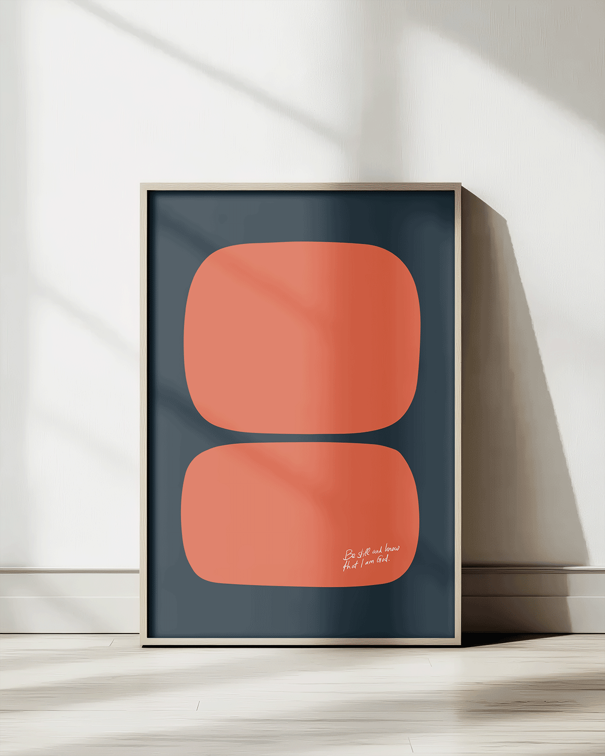 be still and know that i am god dark blue orange Modern minimal abstract Bible verse print framed mockup