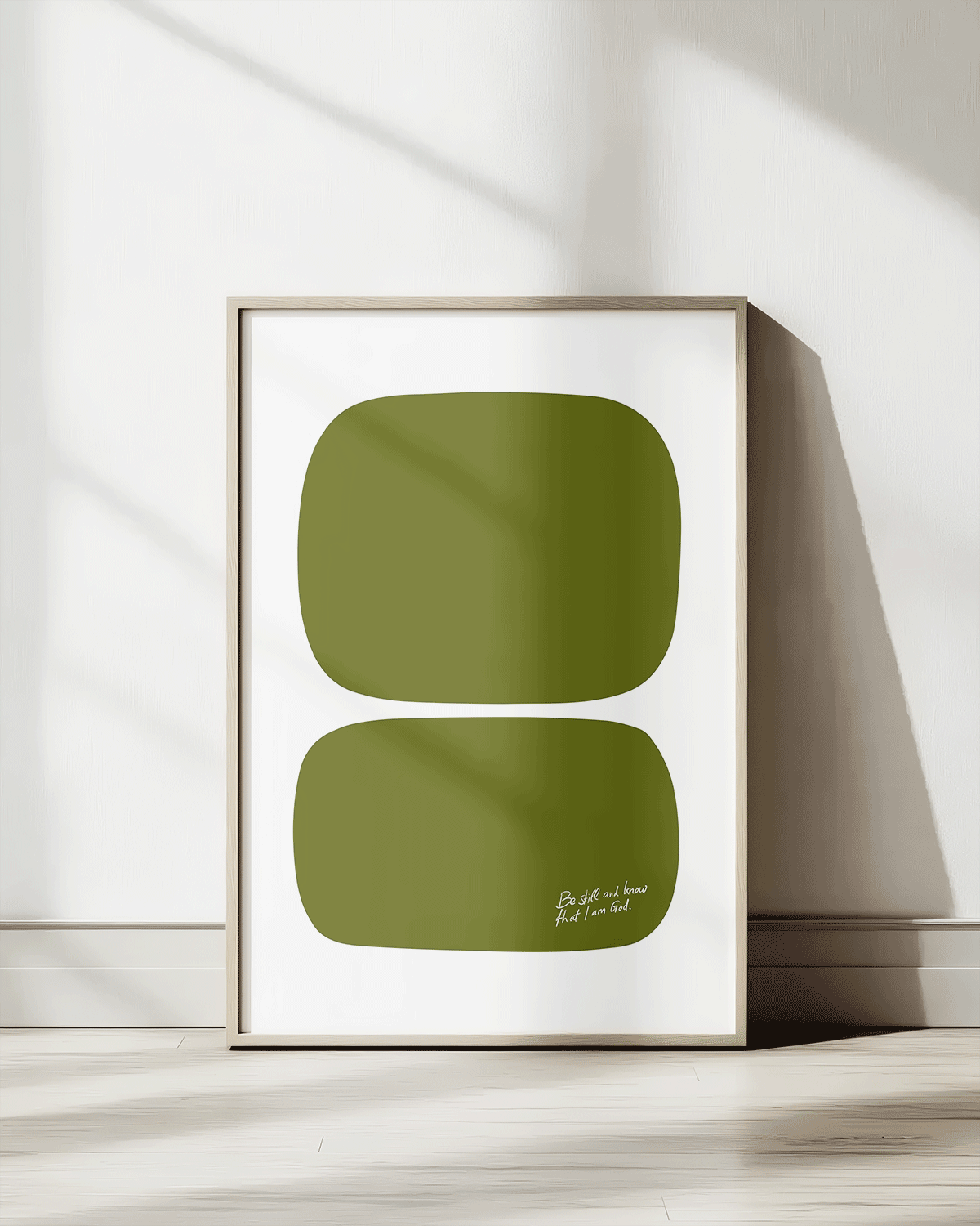 be still and know that i am god green Modern minimal abstract Bible verse print framed mockup