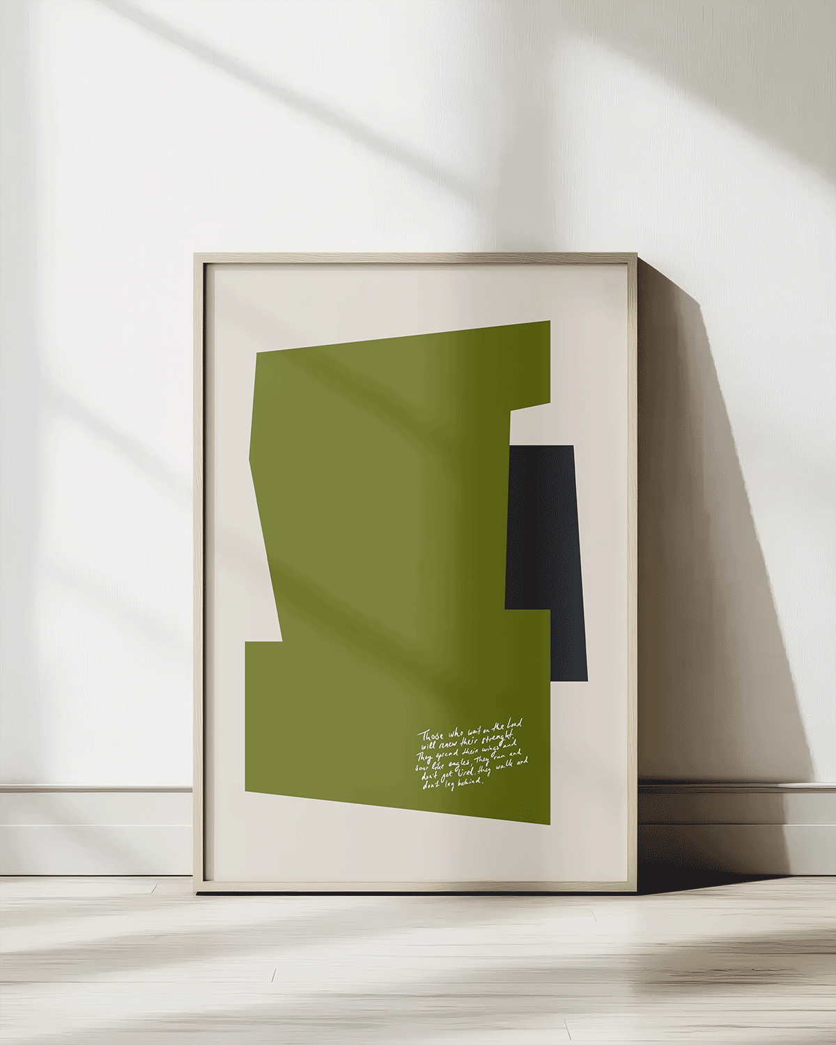 wait on the lord strength renewed green black Modern minimal abstract Bible verse print framed mockup