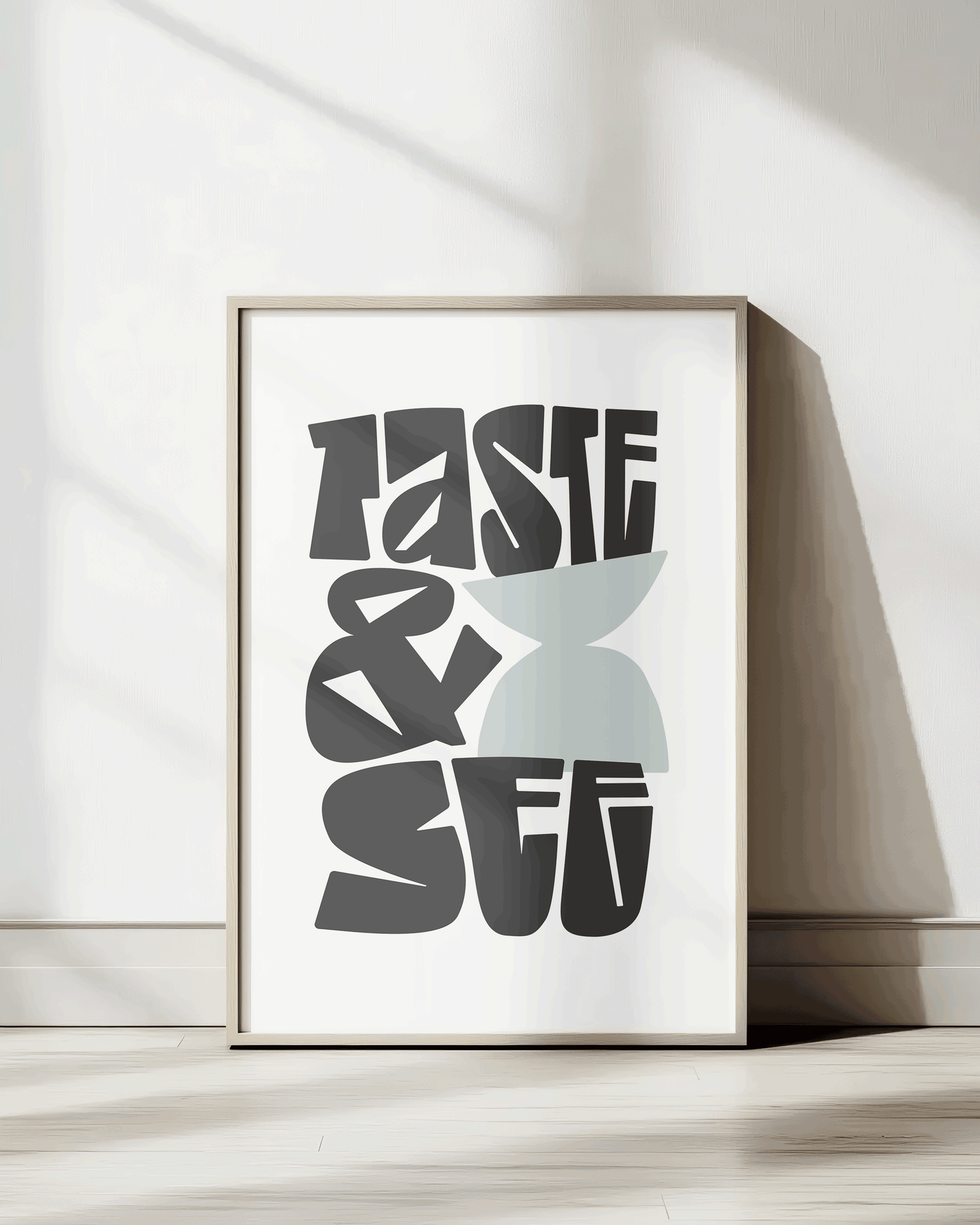 taste and see black gray Bold modern typographic Bible verse print framed mockup hoolyprints