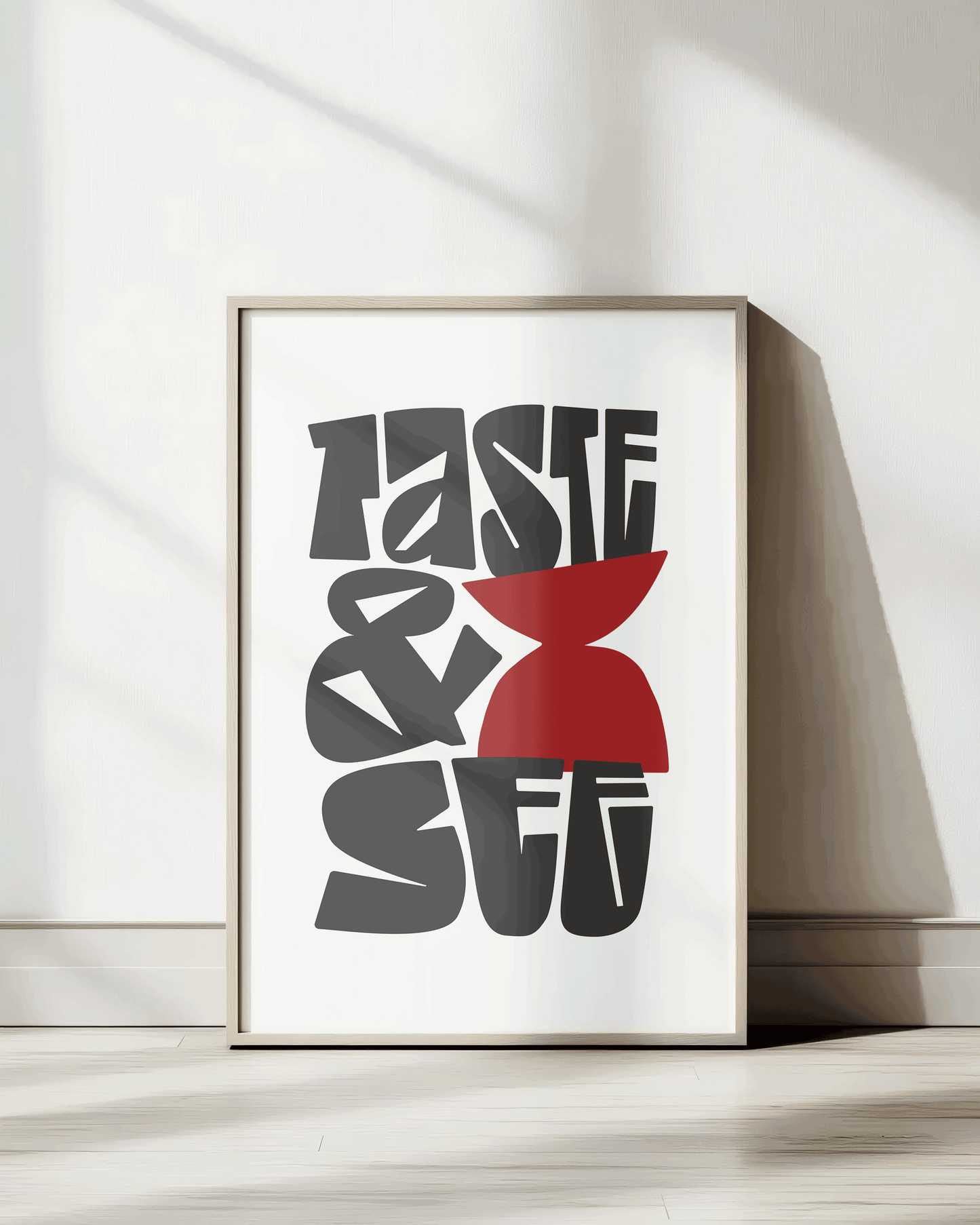 taste and see black red Bold modern typographic Bible verse print framed mockup hoolyprints