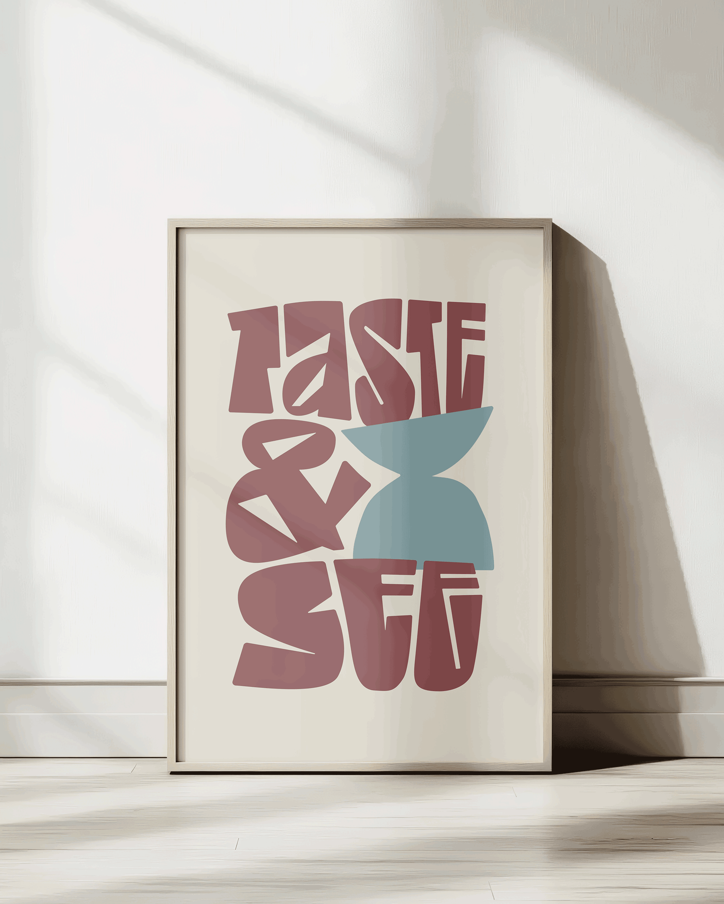 taste and see red-brown turquoise Bold modern typographic Bible verse print framed mockup hoolyprints