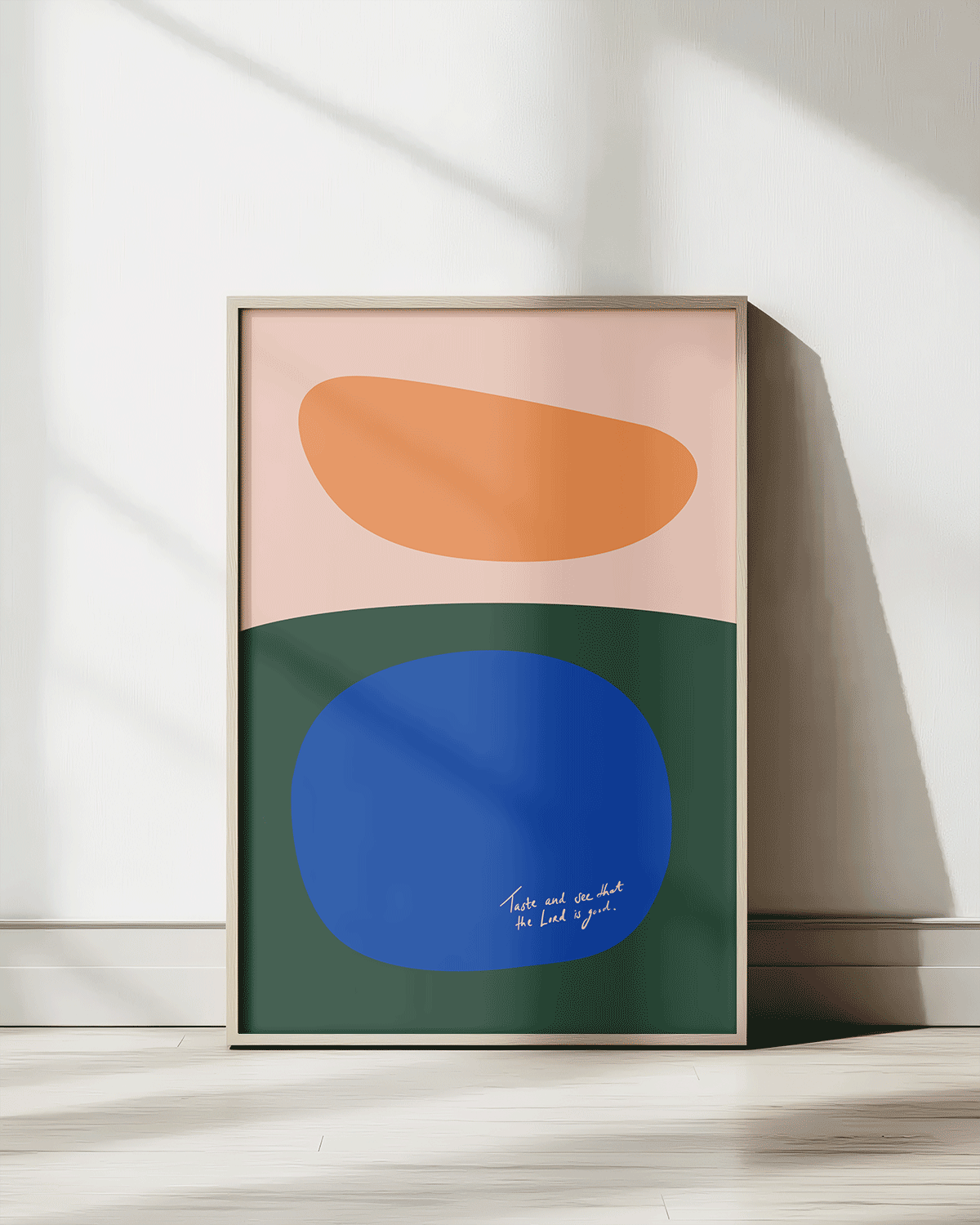 taste and see that the lord is good blue green orange pink Modern minimal abstract Bible verse print framed mockup