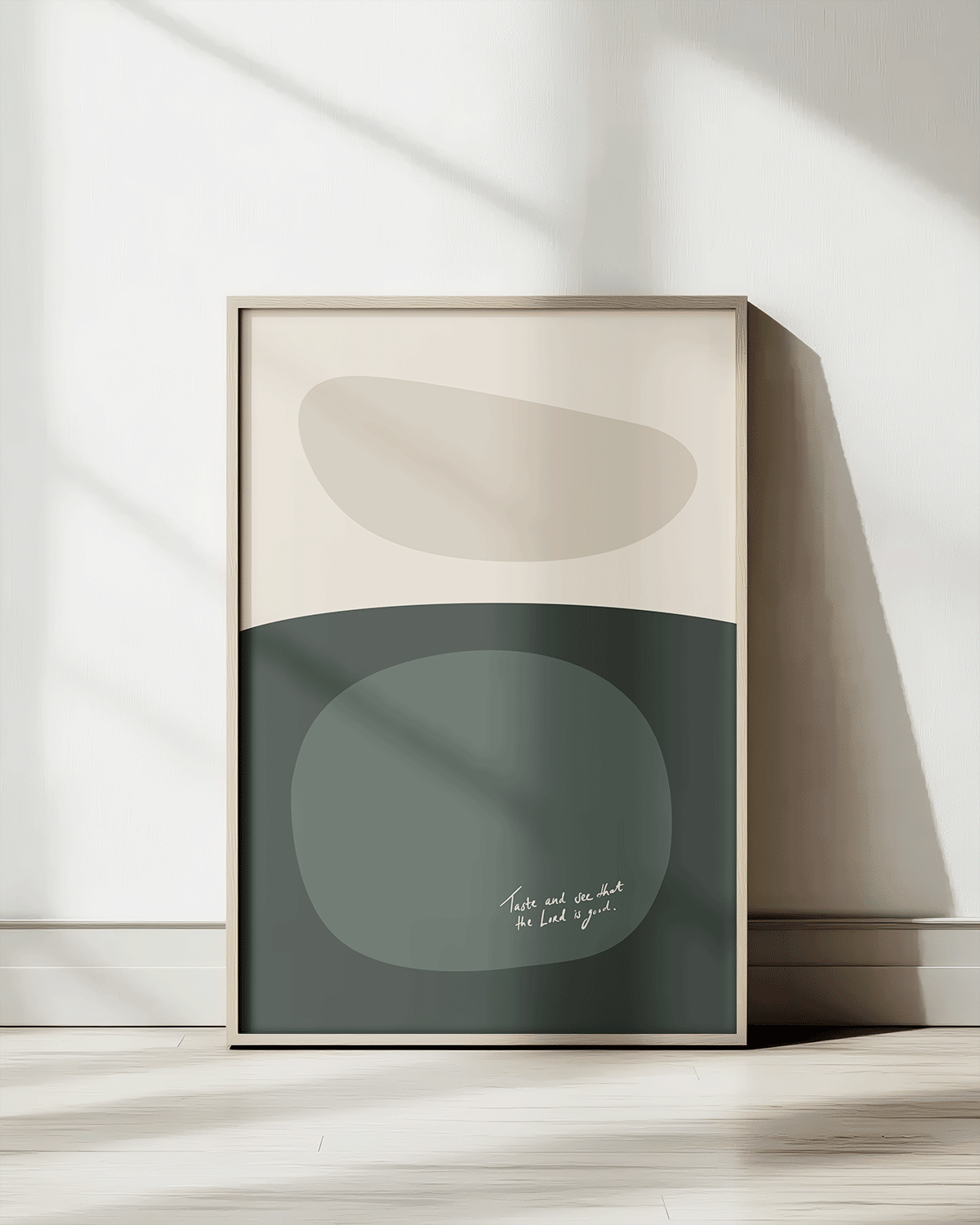 taste and see that the lord is good green beige Modern minimal abstract Bible verse print framed mockup