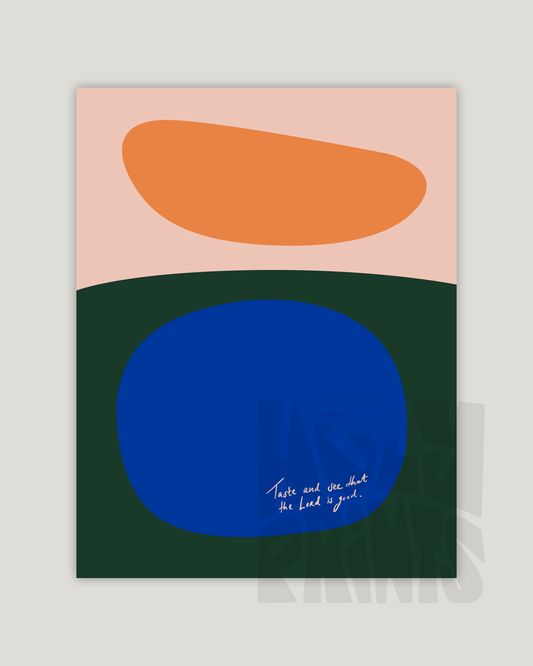 taste and see that the lord is good blue green pink orange Modern minimal abstract Bible verse example print inches