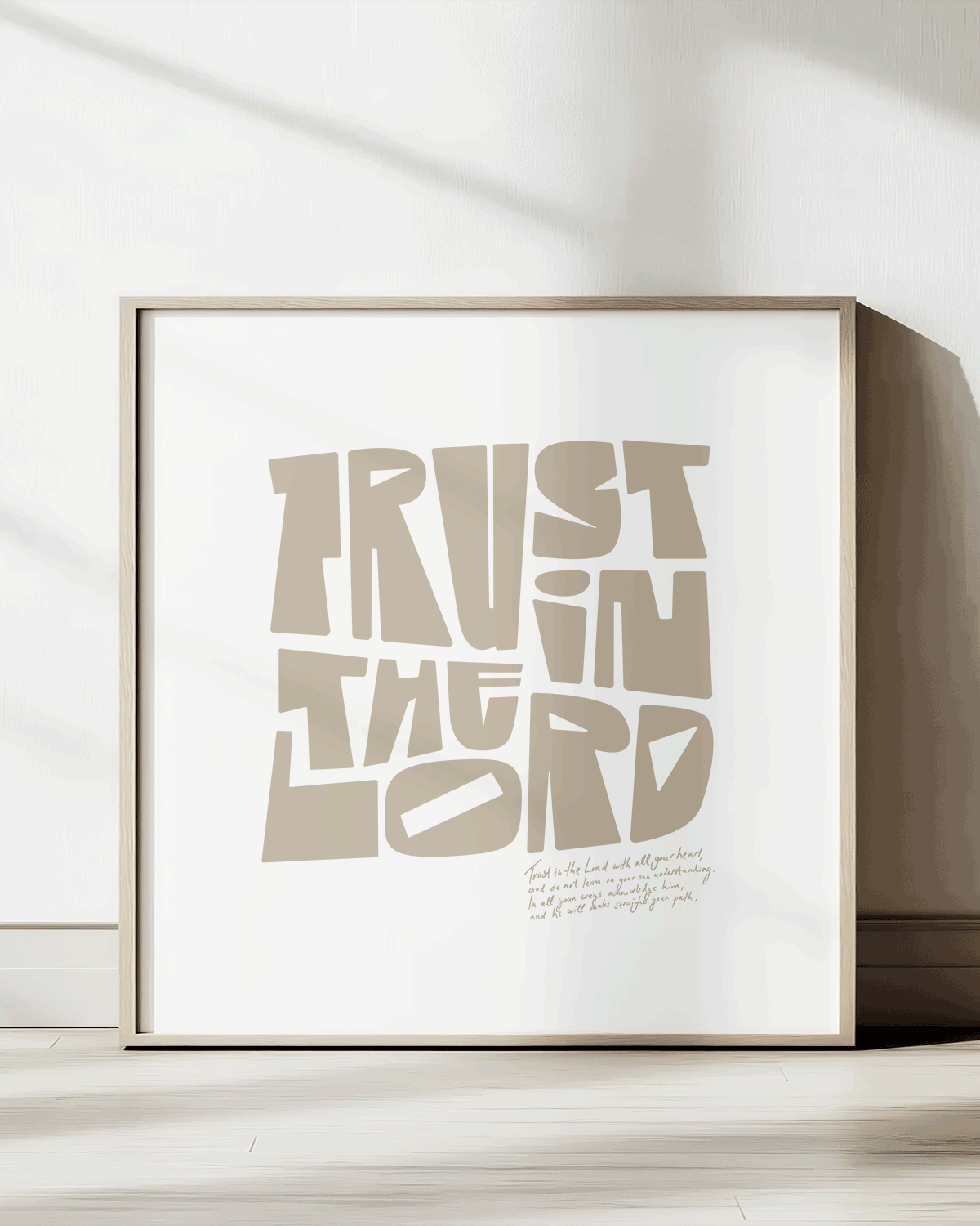trust in the lord almond square Bold modern typographic Bible verse print framed mockup hoolyprints
