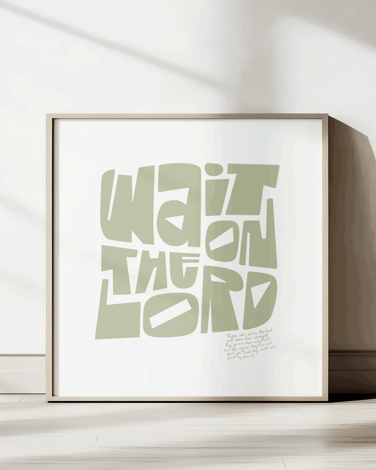 wait on the lord squared light green Bold modern typographic Bible verse print framed mockup hoolyprints